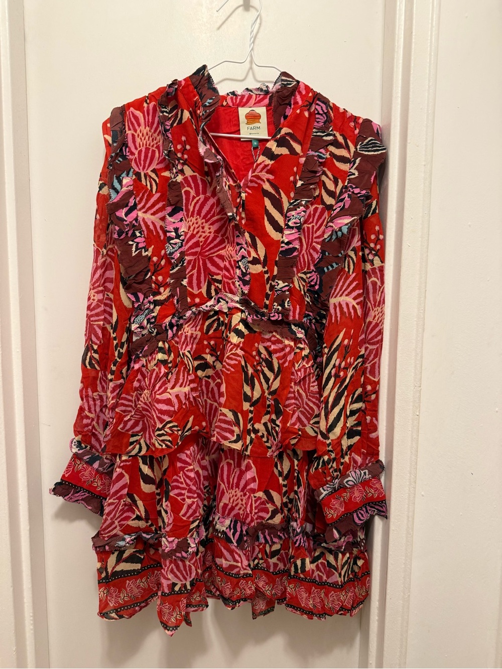 FARM Rio Red and Pink Botanical Tiered Dress